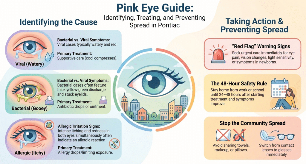 Infographic titled Pink Eye Guide shows types, symptoms, and treatments for viral, bacterial, and allergic conjunctivitis, plus Pink Eye Treatment tips for prevention in Pontiac MI, red flag signs, and a 48-hour safety rule. Includes eye illustrations and icons.