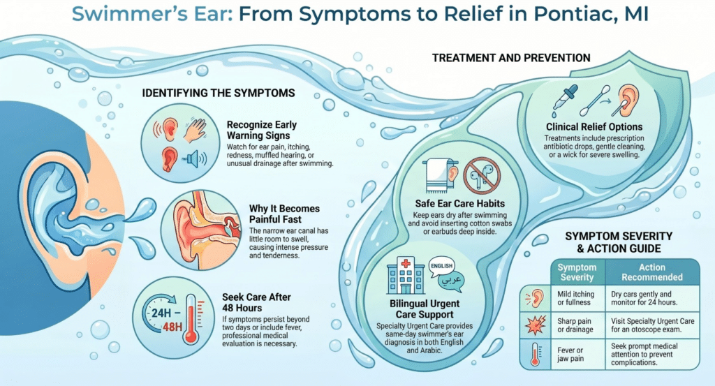 Infographic explains swimmer’s ear: symptoms (pain, itching, drainage), severity, when to seek care, Swimmer’s Ear Treatment options (antibiotics, ear drops), prevention tips, and bilingual urgent care access in Pontiac MI.